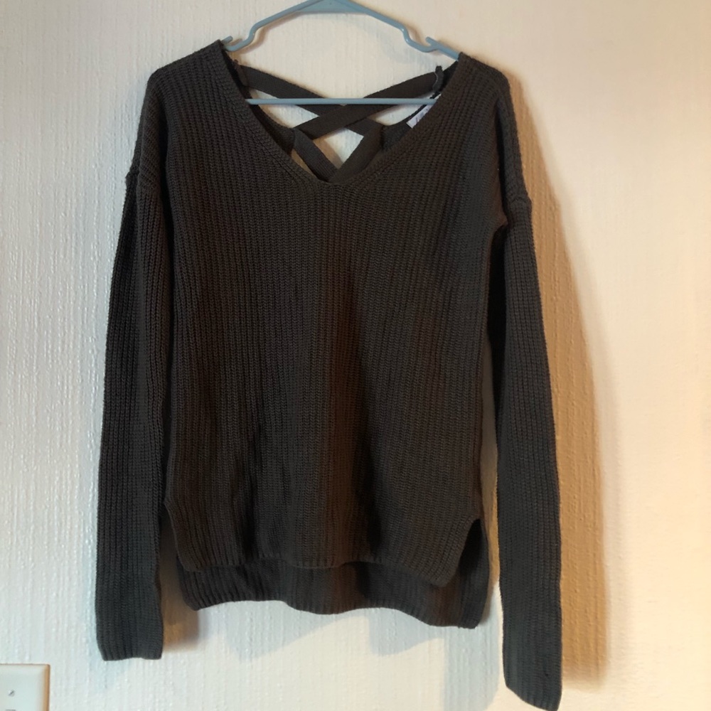Green grey knit sweater cross back women’s long sleeve